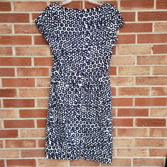 J. Crew Sheath Dress Women's Size 2 Black and Cream Circles Midi Lined Career - Picture 2 of 8